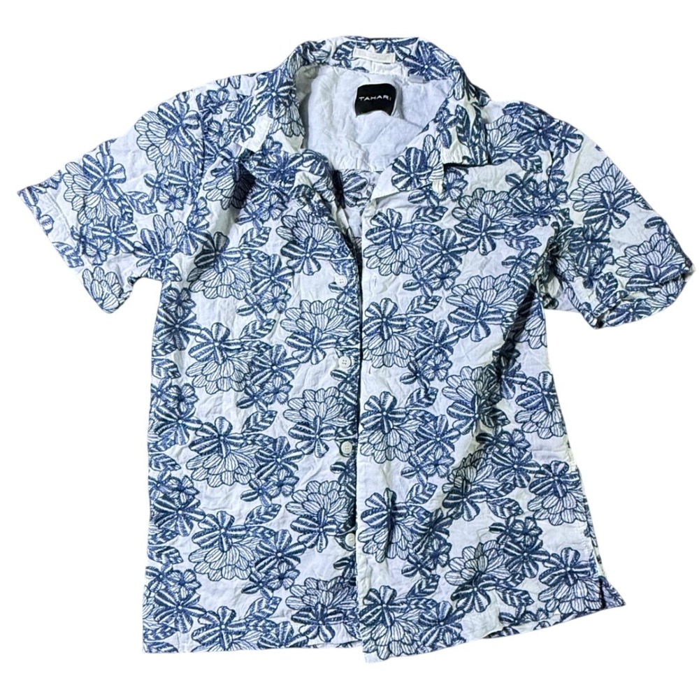 Tahari Floral Embroidered Button Down Shirt Short Sleeve White Blue‎